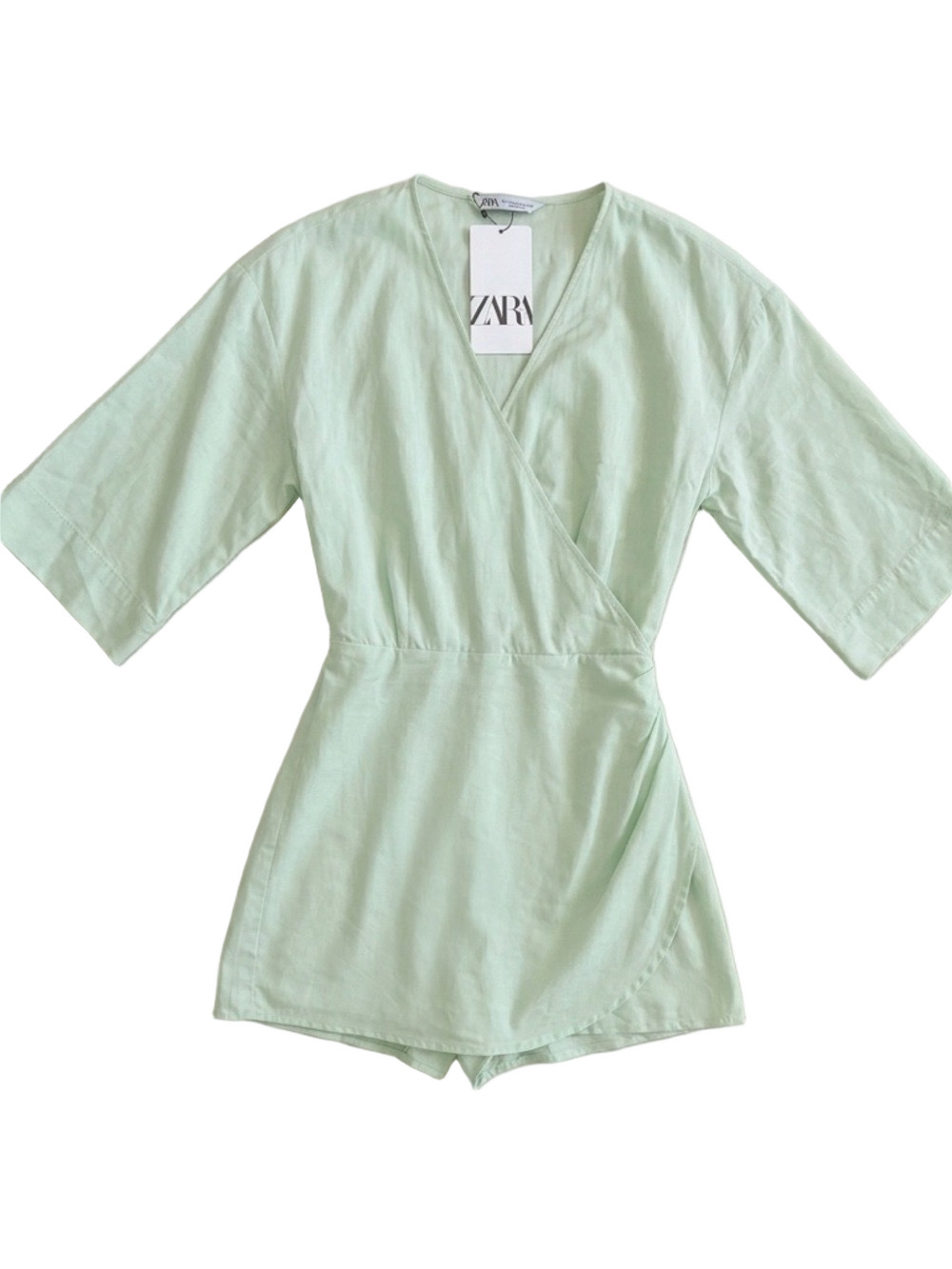 Zara Mint Green Wrap Romper V Neck Summer Outfit Wide Sleeve Vacation XS